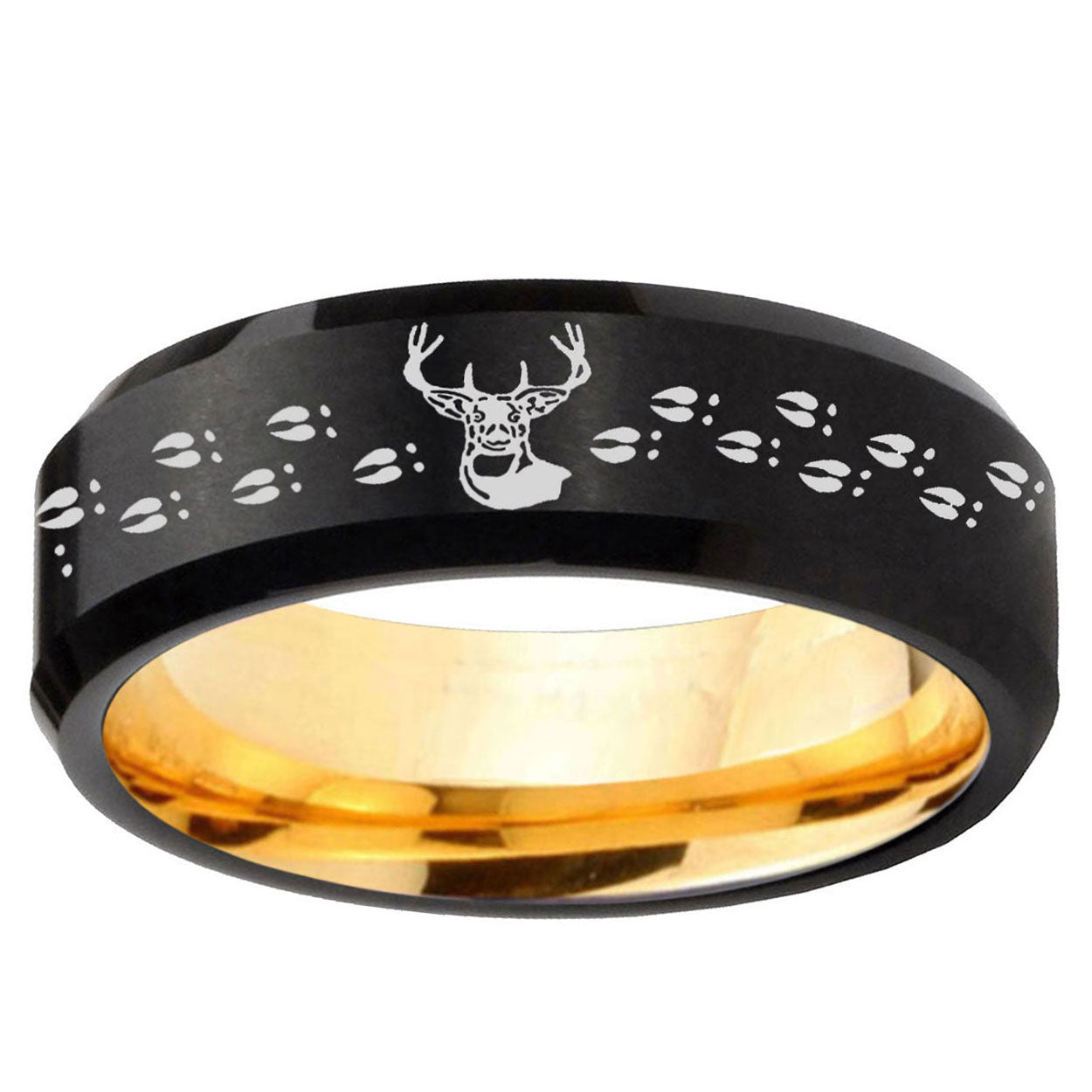 Deer Antler Beveled Edge Black And Gold Tungsten Men Bands