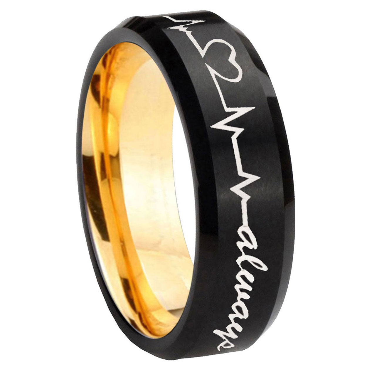 8mm Heart Beat forever Heart always Bevel Tungsten Black Gold Ring