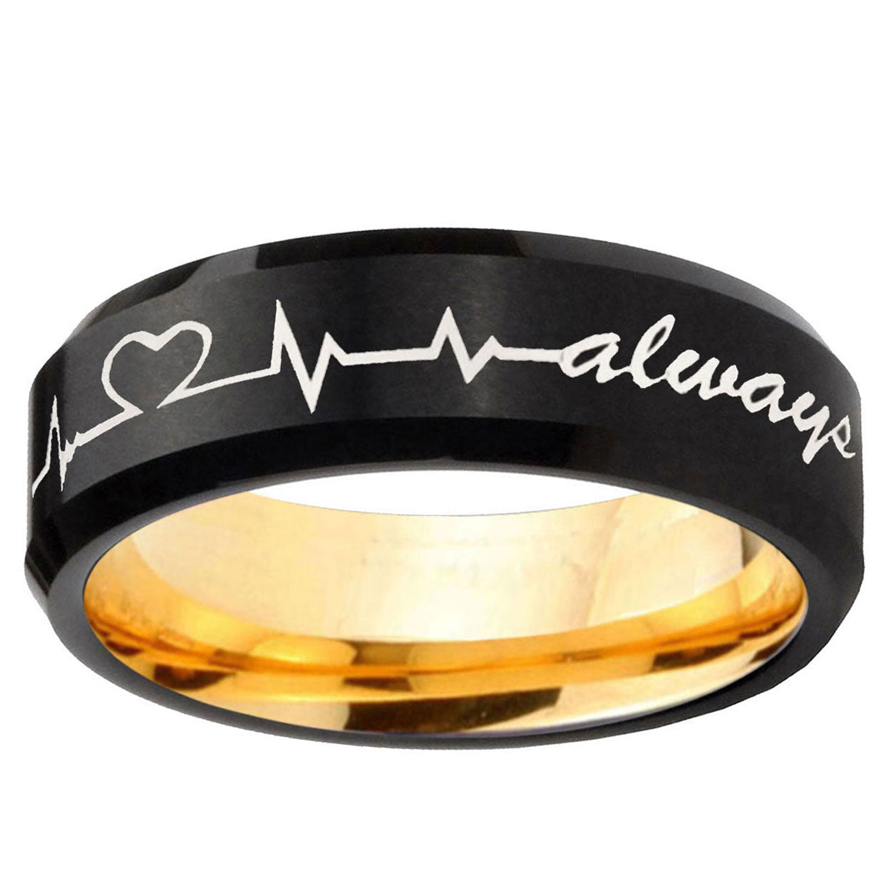 Heart Beat forever Heart always Bevel Tungsten Black Gold Ring