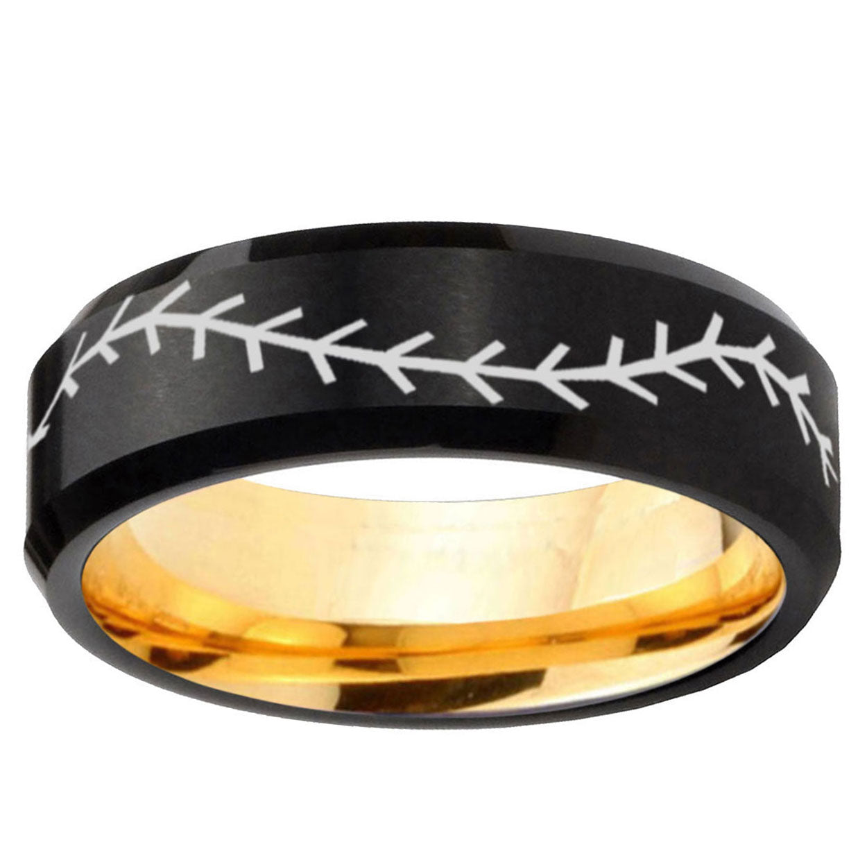 Baseball Beveled Tungsten Black Gold Mens Promise Ring