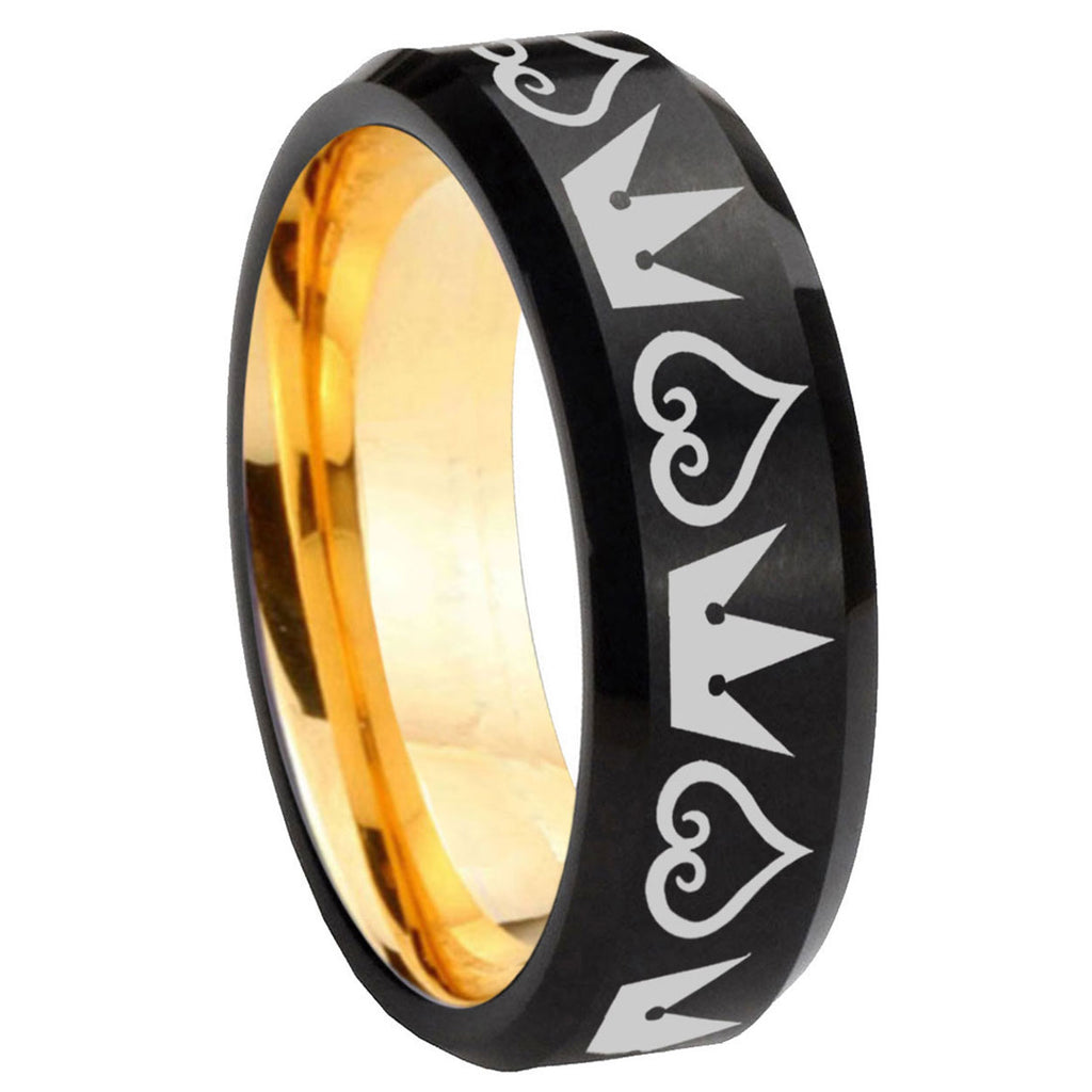 8mm Hearts Crowns Beveled Edge Black Gold Tungsten Ring