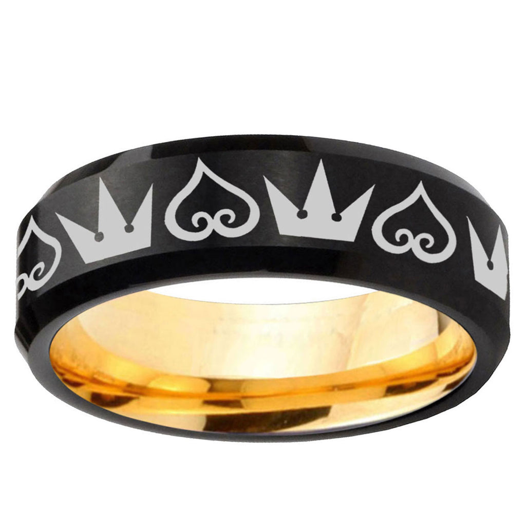 Hearts Crowns Beveled Edge Black Gold Tungsten Ring