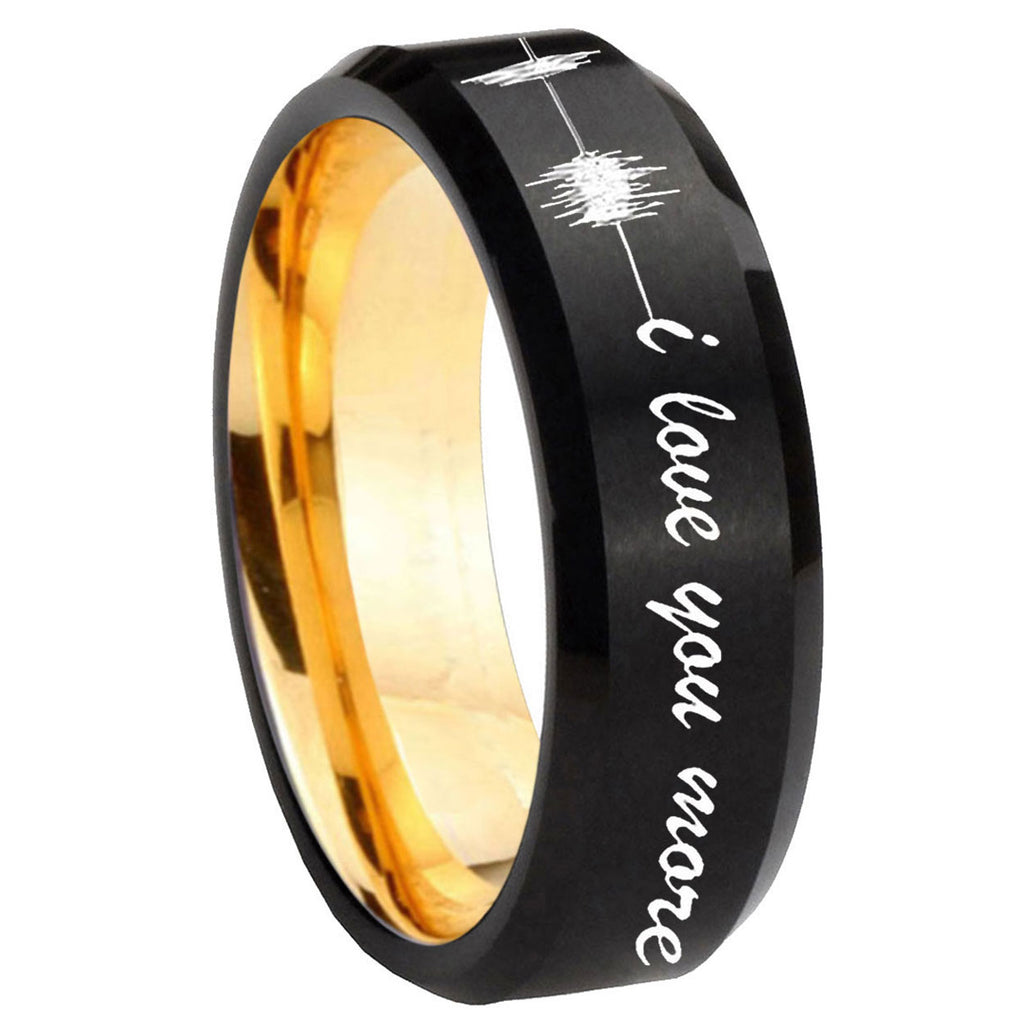 8mm Sound Wave I love you more Beveled Black Gold Tungsten Ring