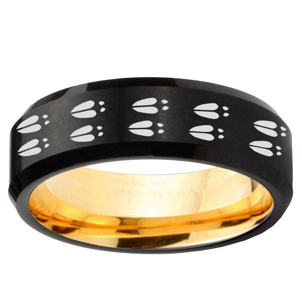 Deer Tracks Beveled Edge Black And Gold Tungsten Men Bands