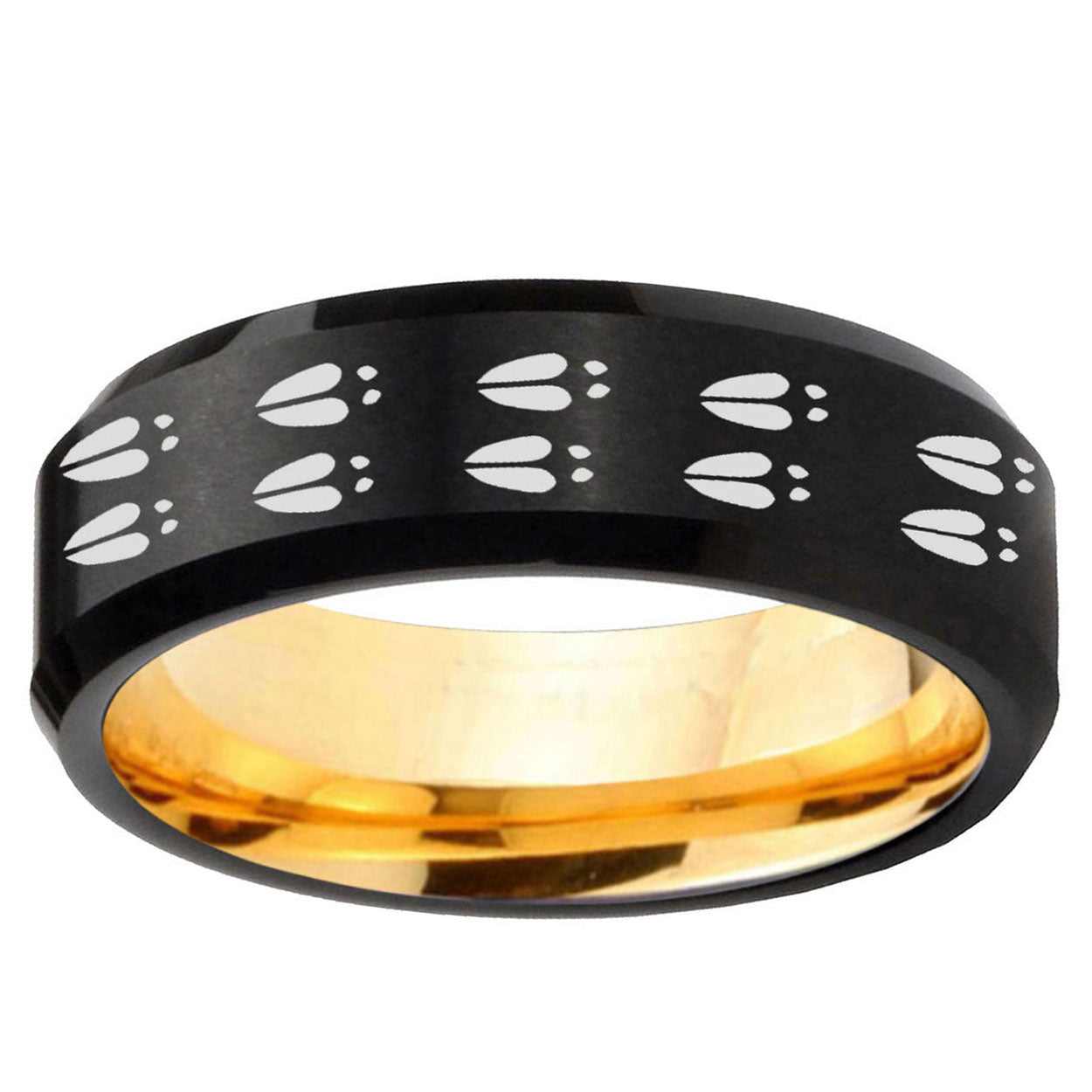 Deer Tracks Beveled Edge Black And Gold Tungsten Men Bands