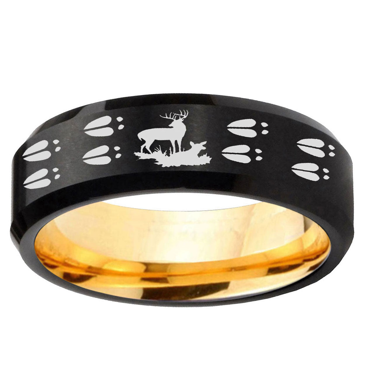 Deer Hunting Tracks Beveled Edge Black Gold Tungsten Ring
