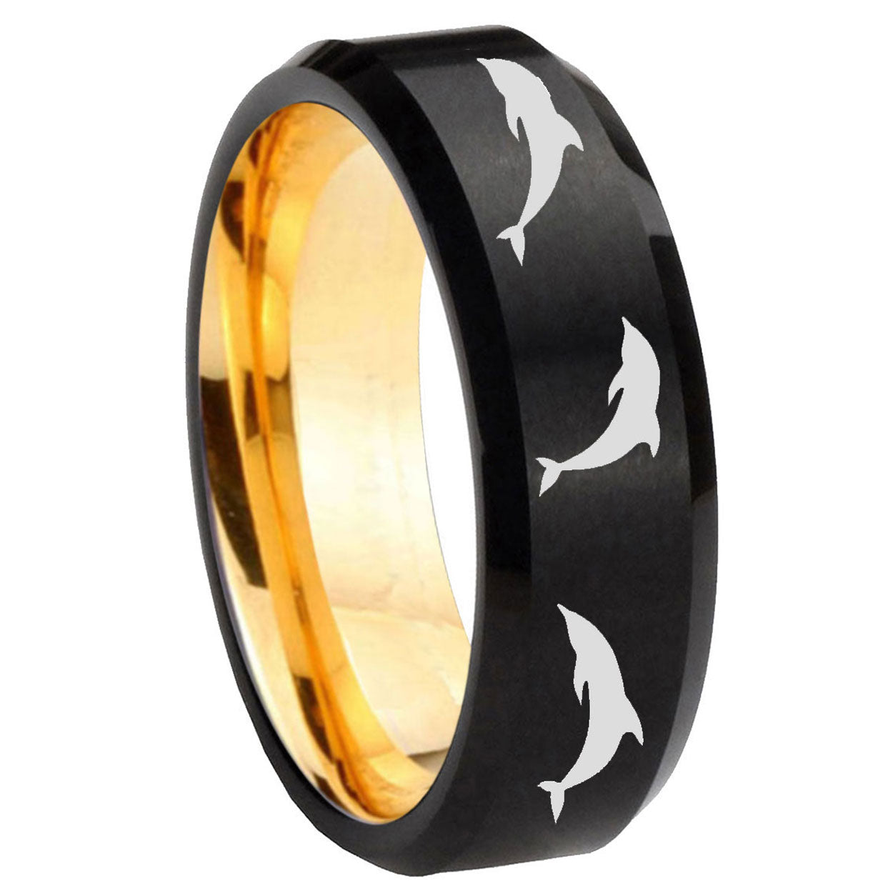 8mm Dolphins Beveled Edge Black Gold Tungsten Personalized Ring