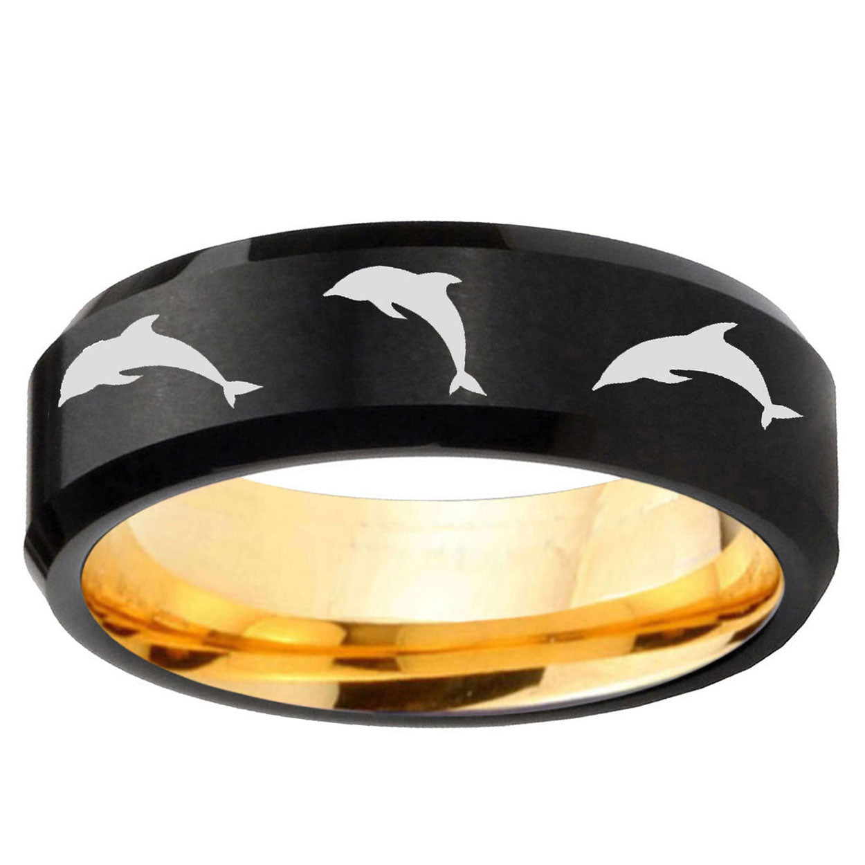 Dolphins Beveled Edge Black Gold Tungsten Personalized Ring