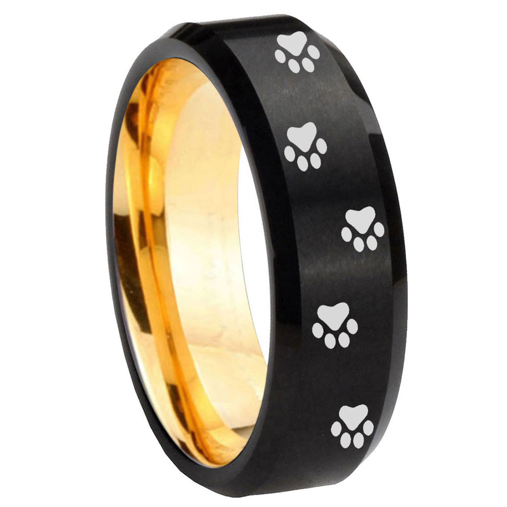 8mm Paw Print Beveled Tungsten Black Gold Mens Promise Ring