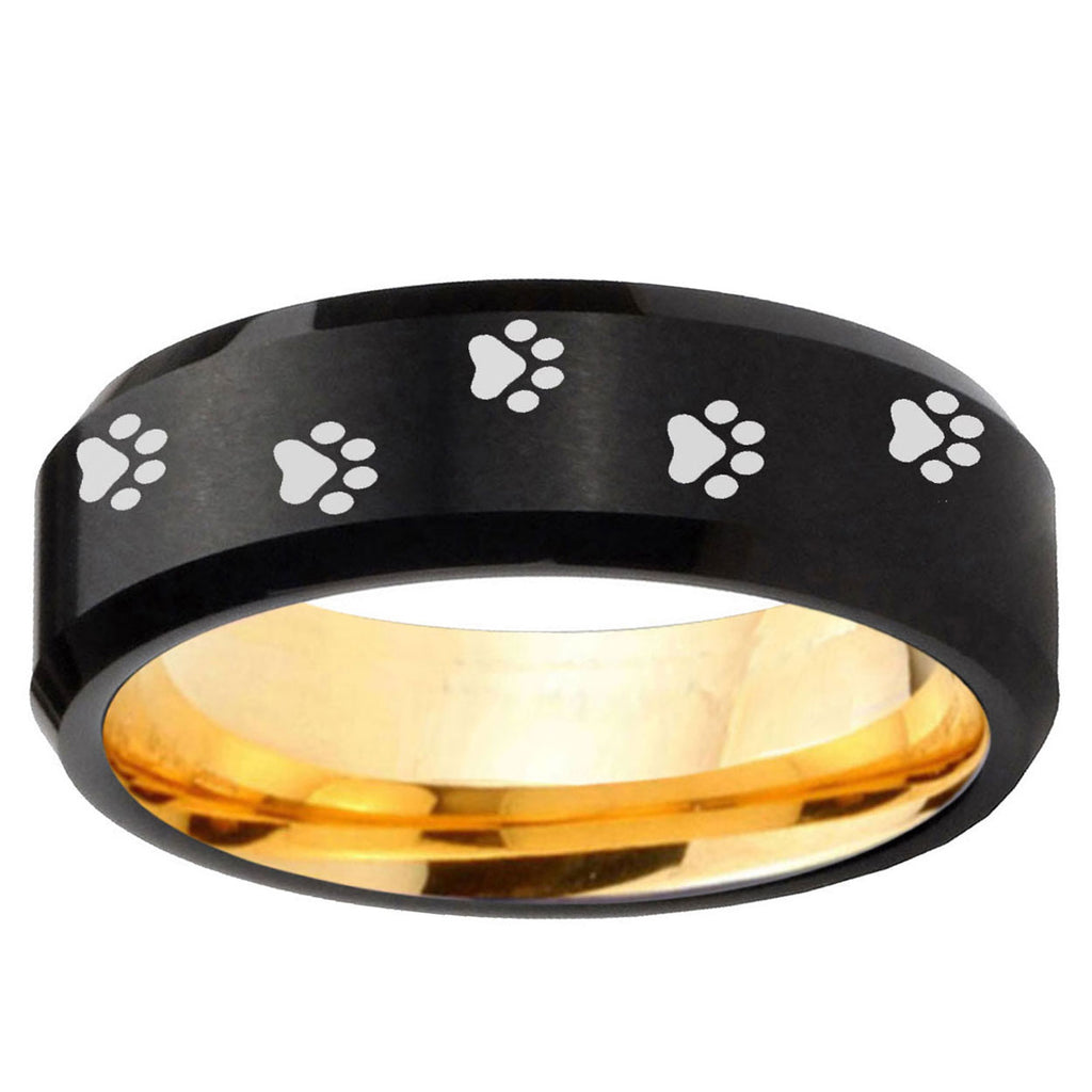 Paw Print Beveled Tungsten Black Gold Mens Promise Ring