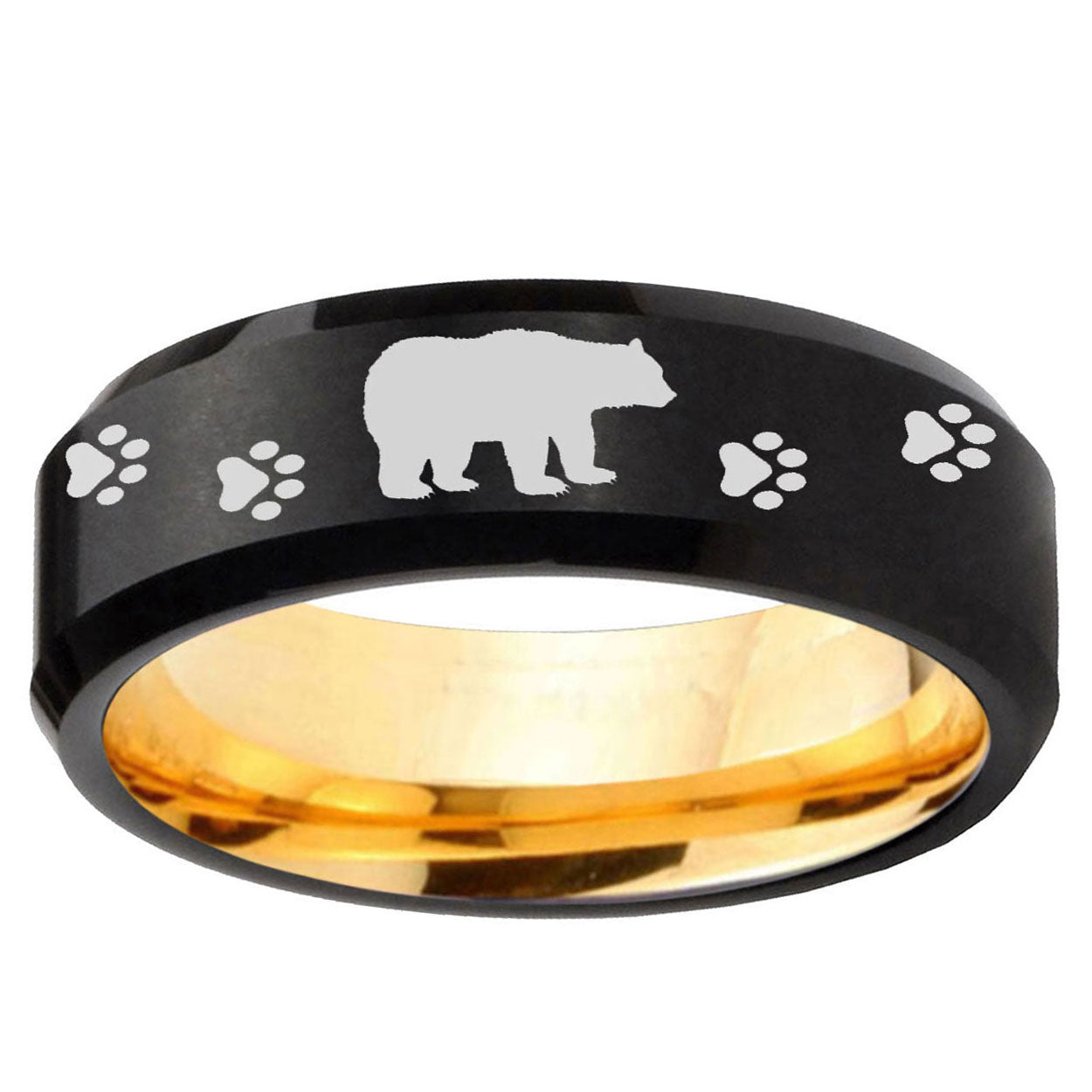 Bear and Paw Beveled Edge Black And Gold Tungsten Ring