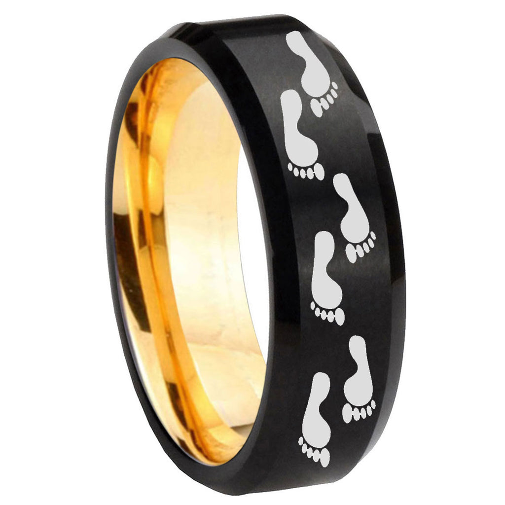 8mm Foot Print Beveled Edge Black And Gold Tungsten Ring