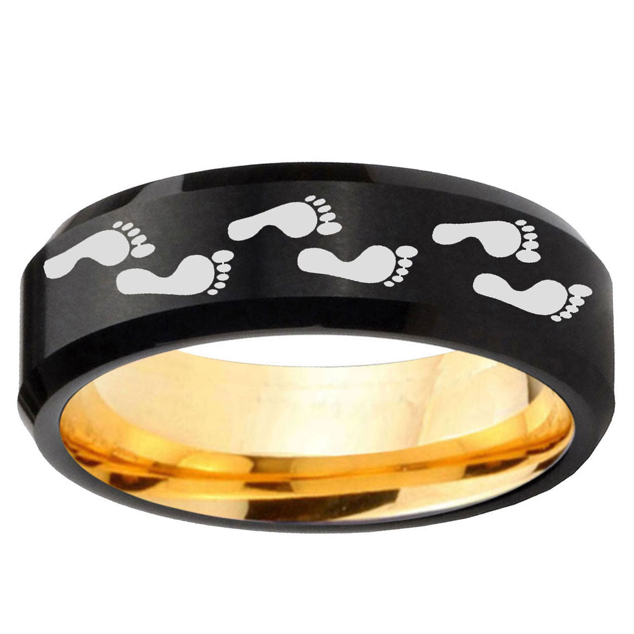 Foot Print Beveled Edge Black And Gold Tungsten Ring