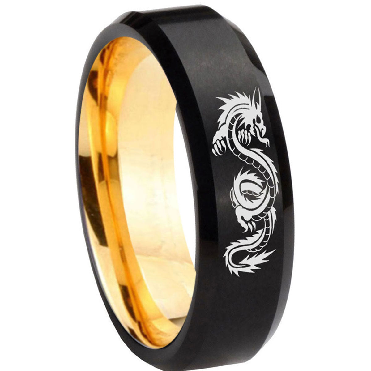 8mm Dragon Beveled Edge Black And Gold Tungsten Engraved Ring