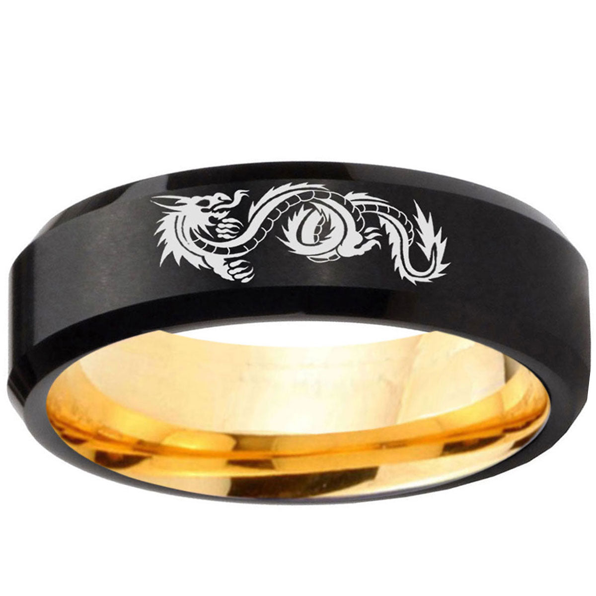 Dragon Beveled Edge Black And Gold Tungsten Engraved Ring