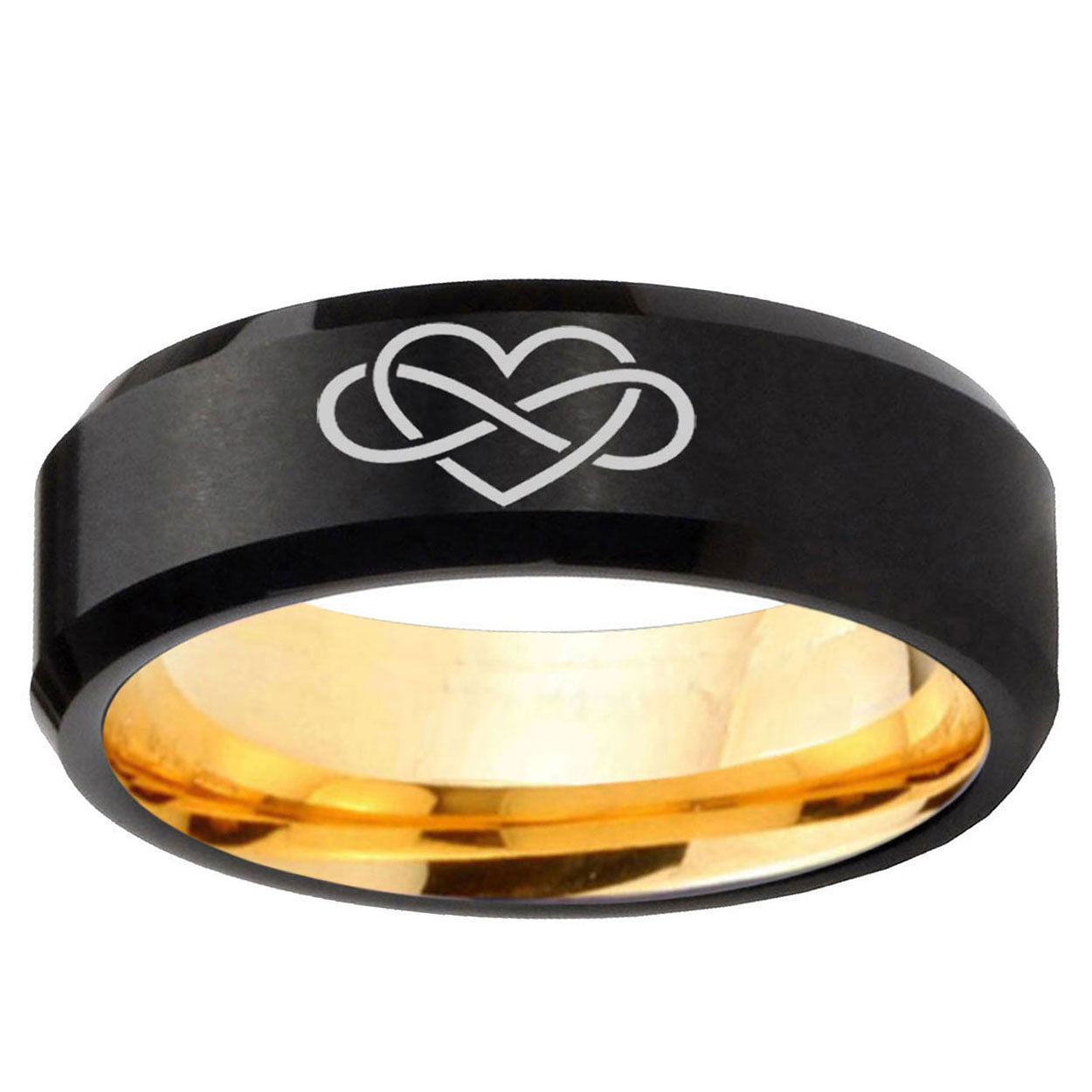 Infinity Love Beveled Tungsten Black Gold Mens Promise Ring