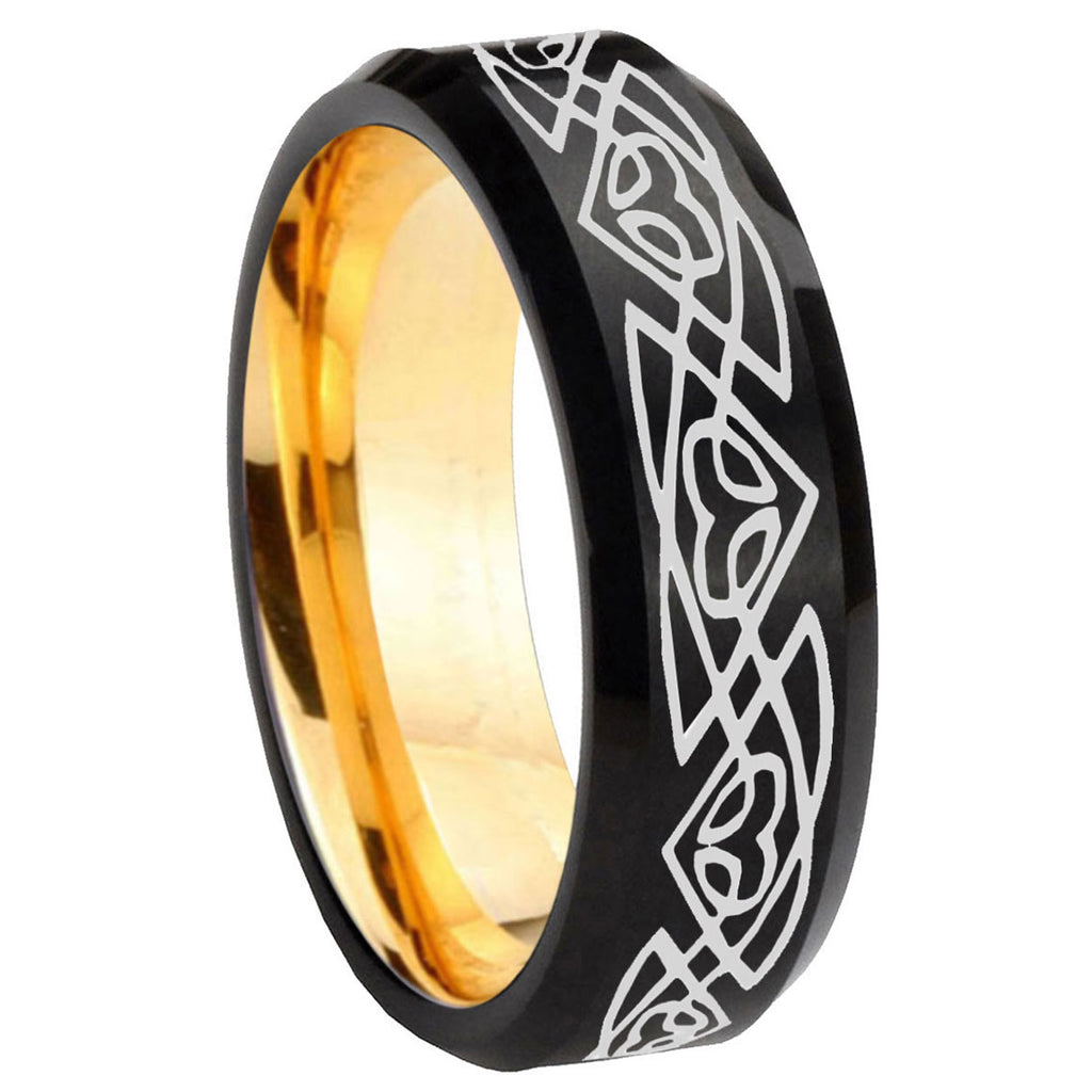 8mm Celtic Braided Beveled Edge Black And Gold Tungsten Ring