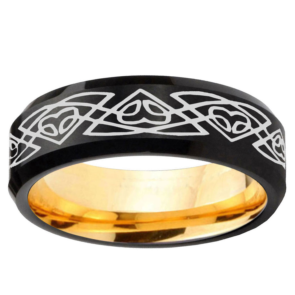 Celtic Braided Beveled Edge Black And Gold Tungsten Ring