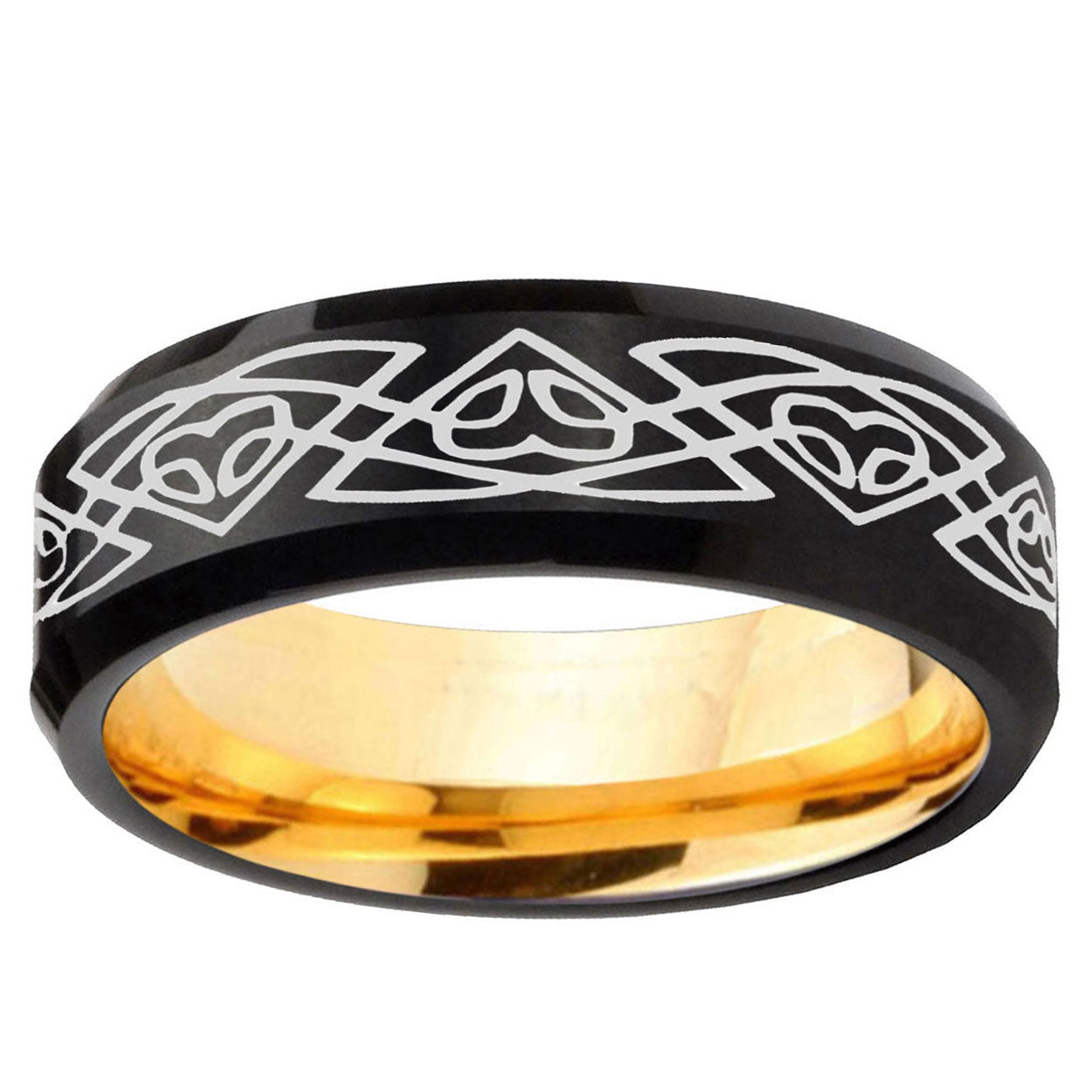 Celtic Braided Beveled Edge Black And Gold Tungsten Ring