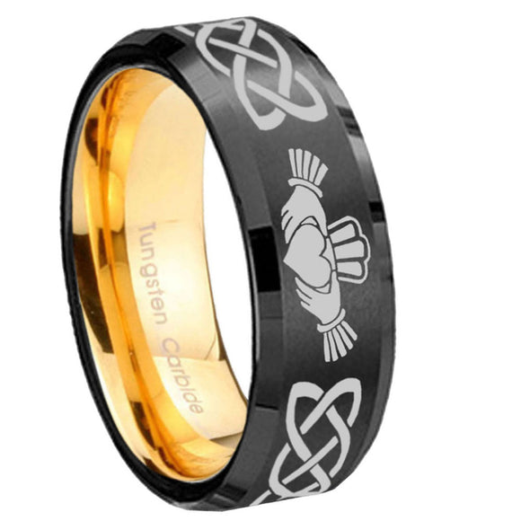 8mm-Irish-Claddagh-Beveled-Tungsten-Carbide-Black-Gold-Mens-Promise-Ring