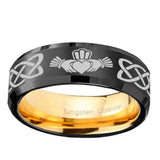 8mm-Irish-Claddagh-Beveled-Tungsten-Carbide-Black-Gold-Mens-Promise-Ring