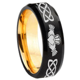 8mm Irish Claddagh Beveled Tungsten Carbide Black Gold Mens Promise Ring