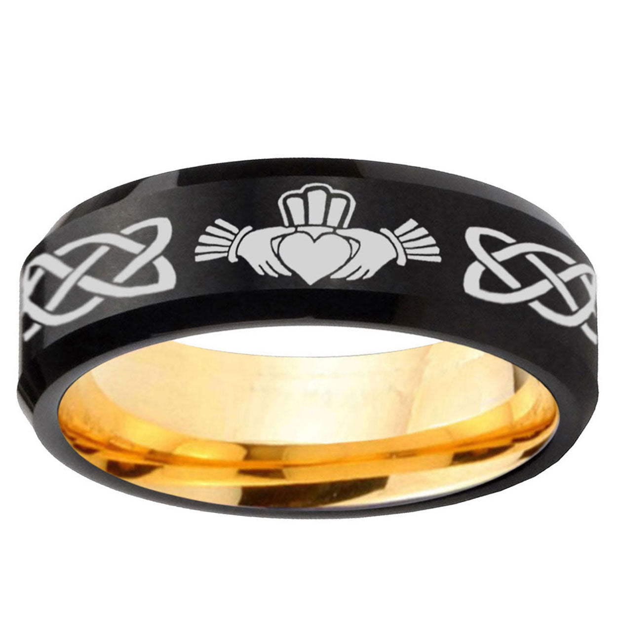 Irish Claddagh Beveled Tungsten Black Gold Promised Ring