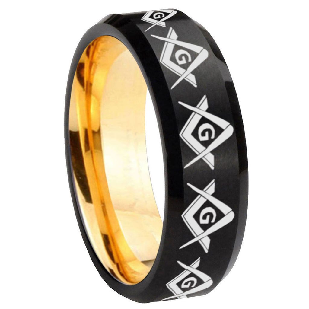 8mm Masonic Square Compass Beveled Black Gold Tungsten Band