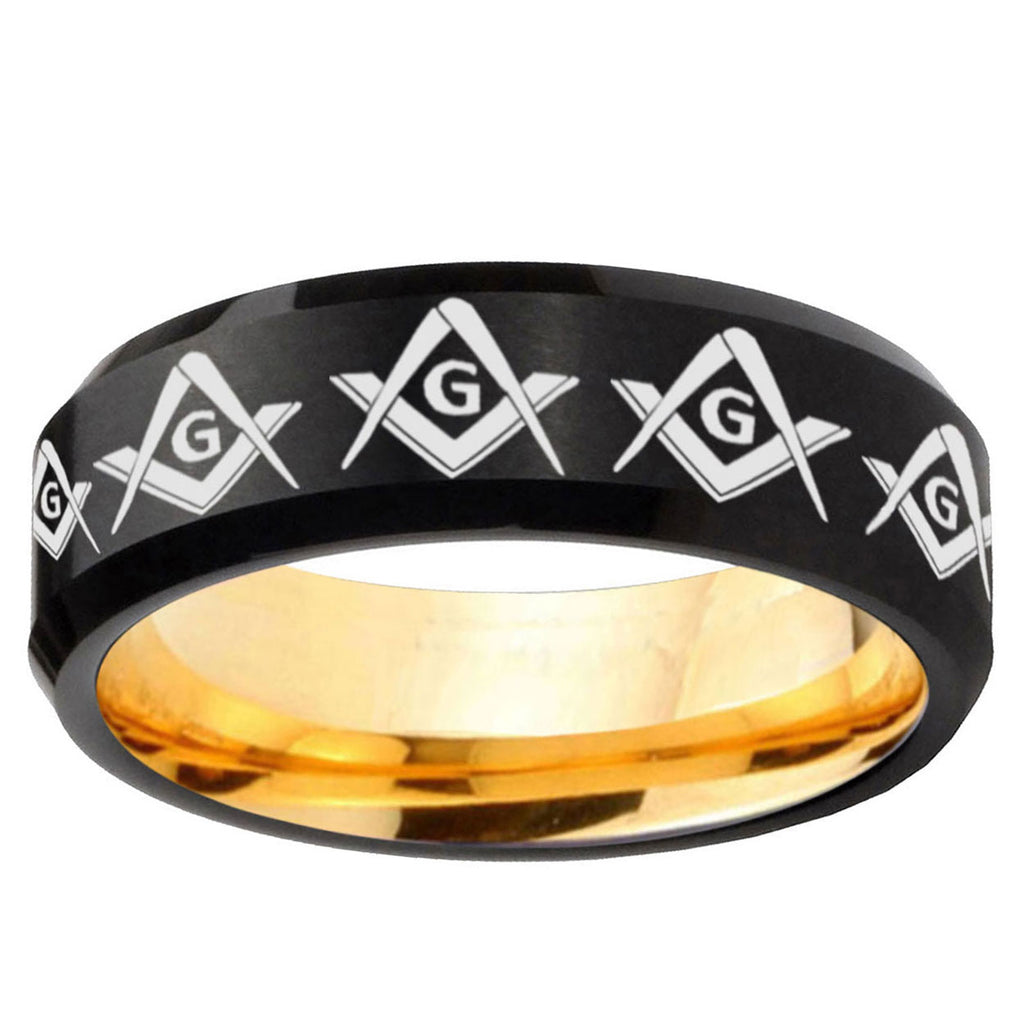 Masonic Square Compass Beveled Black Gold Tungsten Band