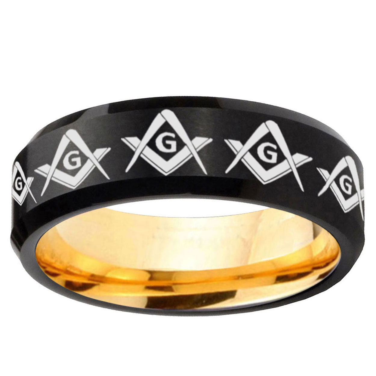Masonic Square Compass Beveled Black Gold Tungsten Band