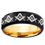 Masonic Square and Compass Beveled Edge Black And Gold Tungsten Band