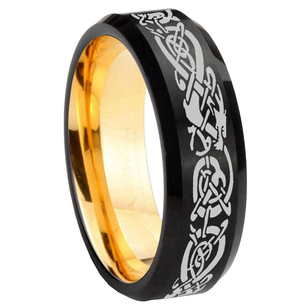 8mm Celtic Dragon Beveled Edge Black And Gold Tungsten Ring