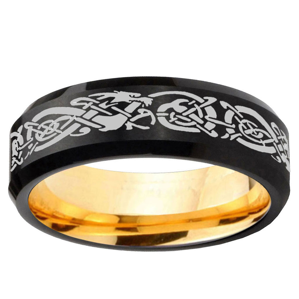 Celtic Dragon Beveled Edge Black And Gold Tungsten Ring