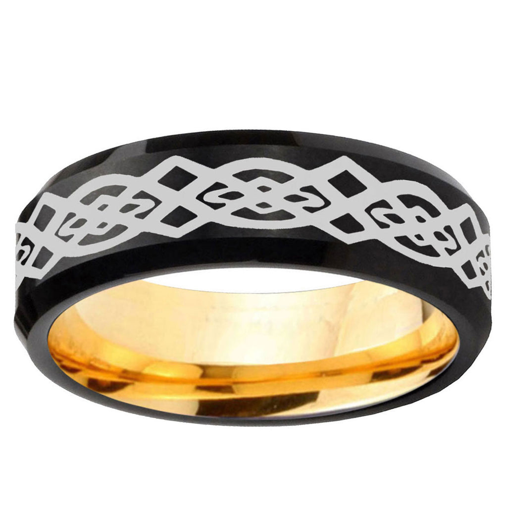 Celtic Knot Beveled Edge Black And Gold Tungsten Ring