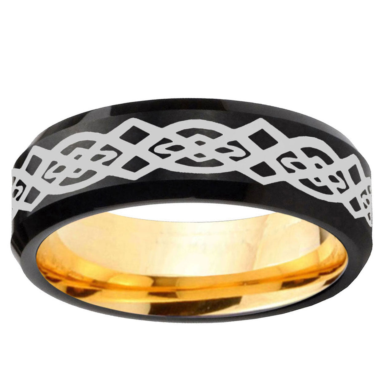 Celtic Knot Beveled Edge Black And Gold Tungsten Ring