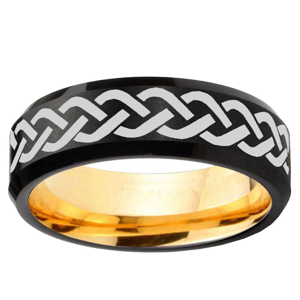 Laser Celtic Knot Beveled Black Gold Tungsten Engraved Band