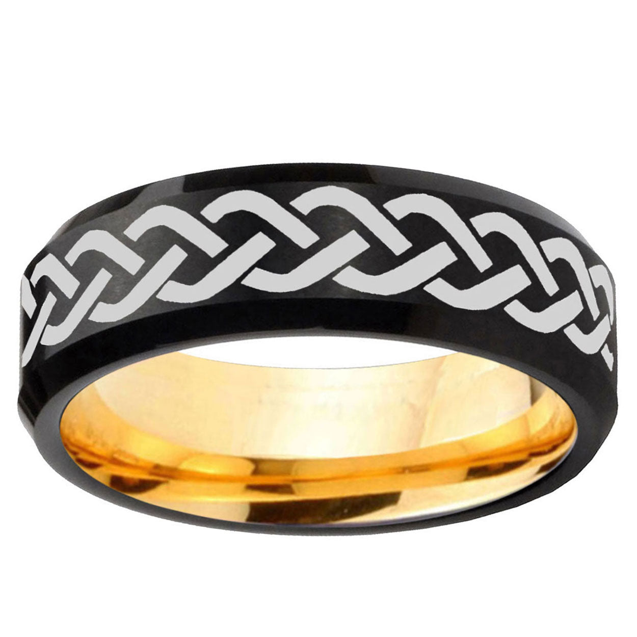 Laser Celtic Knot Beveled Black Gold Tungsten Engraved Band