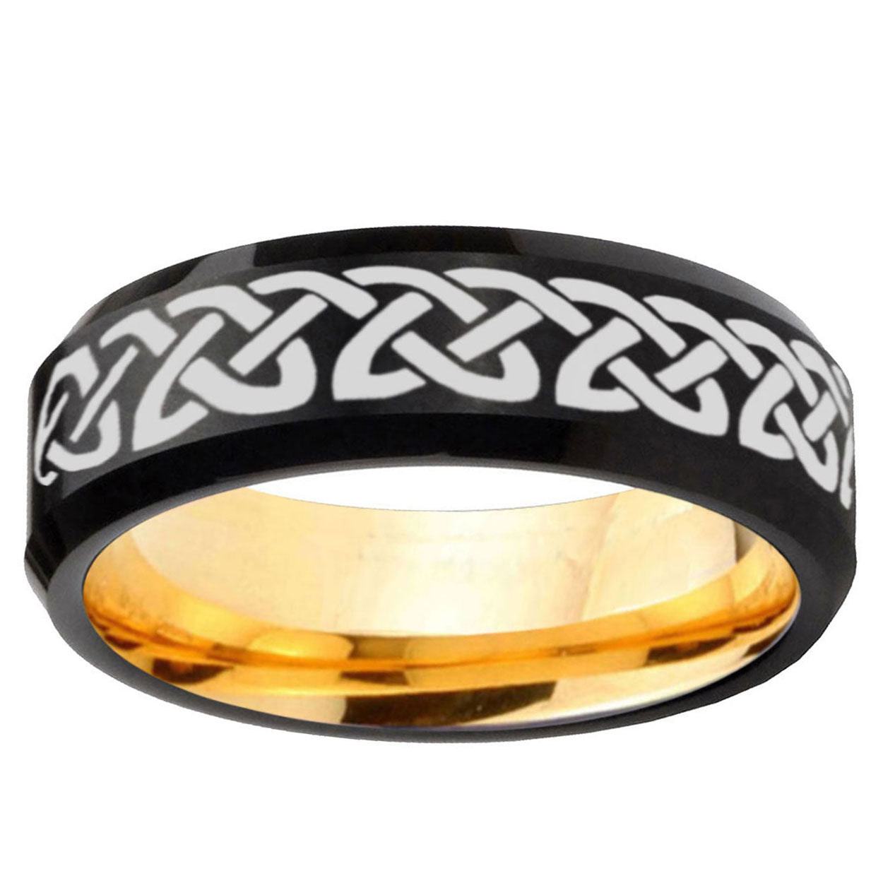 Celtic Knot Love Beveled Edge Black Gold Tungsten Ring