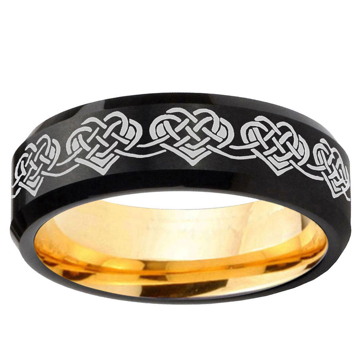 Celtic Knot Heart Beveled Edge Black And Gold Tungsten Ring