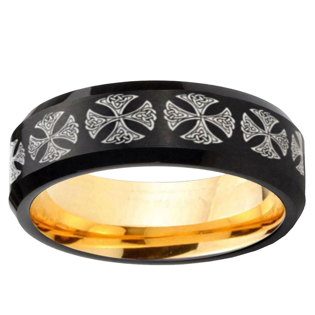 Medieval Cross Beveled Edge Black Gold Tungsten Mens Band