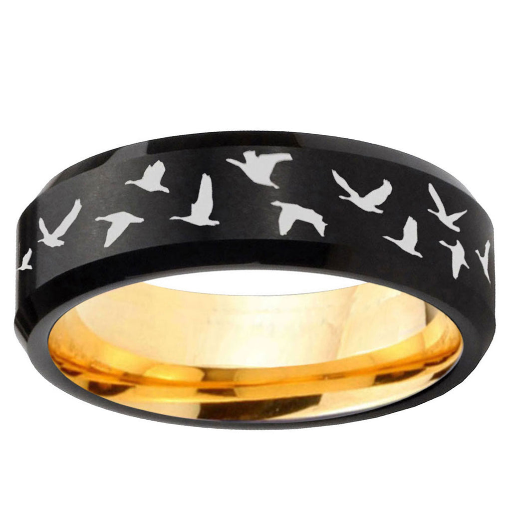 Flying Geese Hunting Beveled Edge Black Gold Tungsten Ring