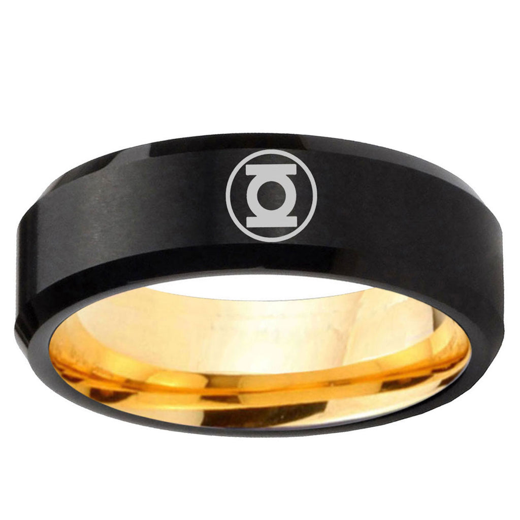 Green Lantern Beveled Edge Gold Black Mens Tungsten Ring