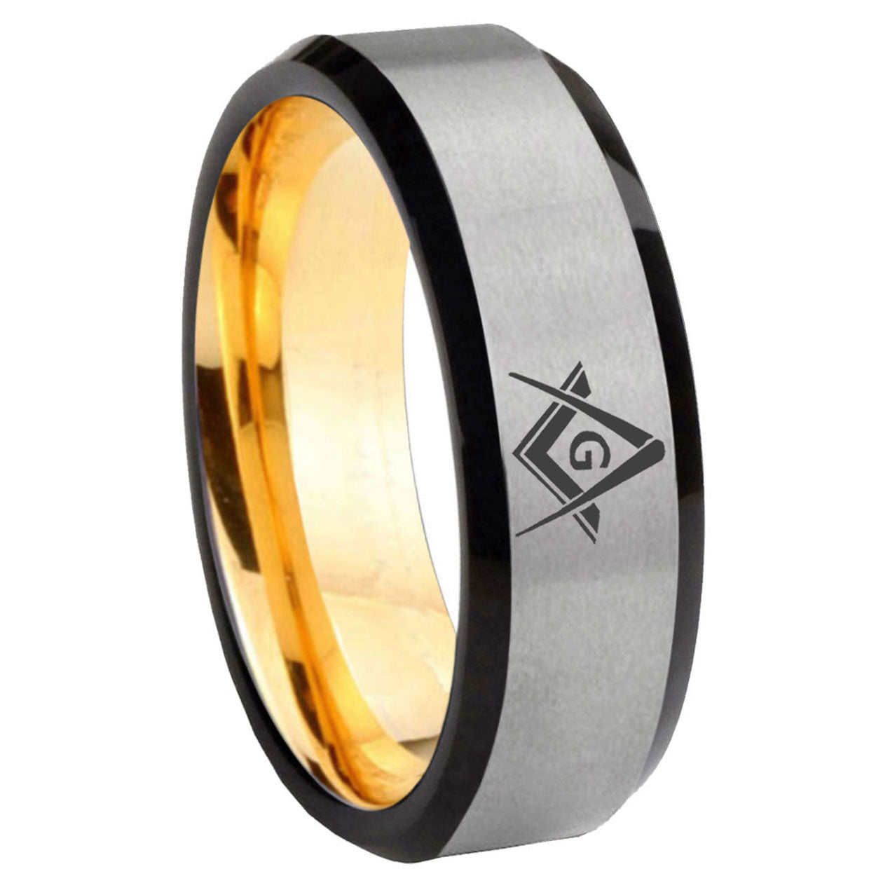 8mm Freemason Masonic Beveled Edge Gray And Gold Tungsten Bands