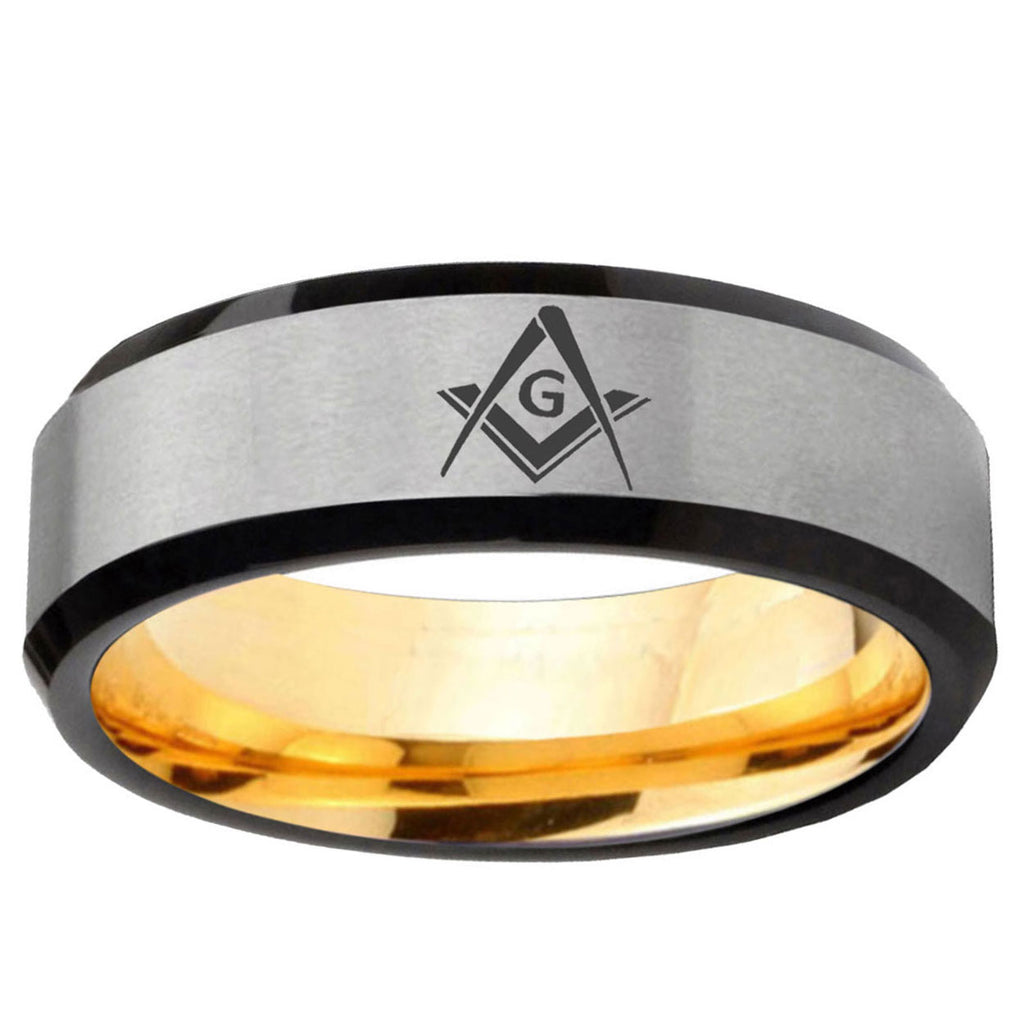 Freemason Masonic Beveled Edge Gray And Gold Tungsten Bands