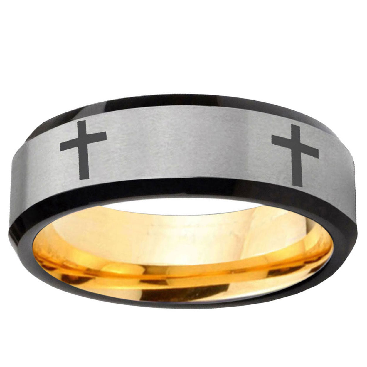 Crosses Beveled Edge Gray And Gold Tungsten Custom Ring
