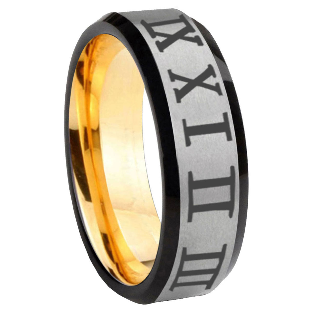8mm Roman Numeral Beveled Edge Gray Gold Tungsten Ring for Men