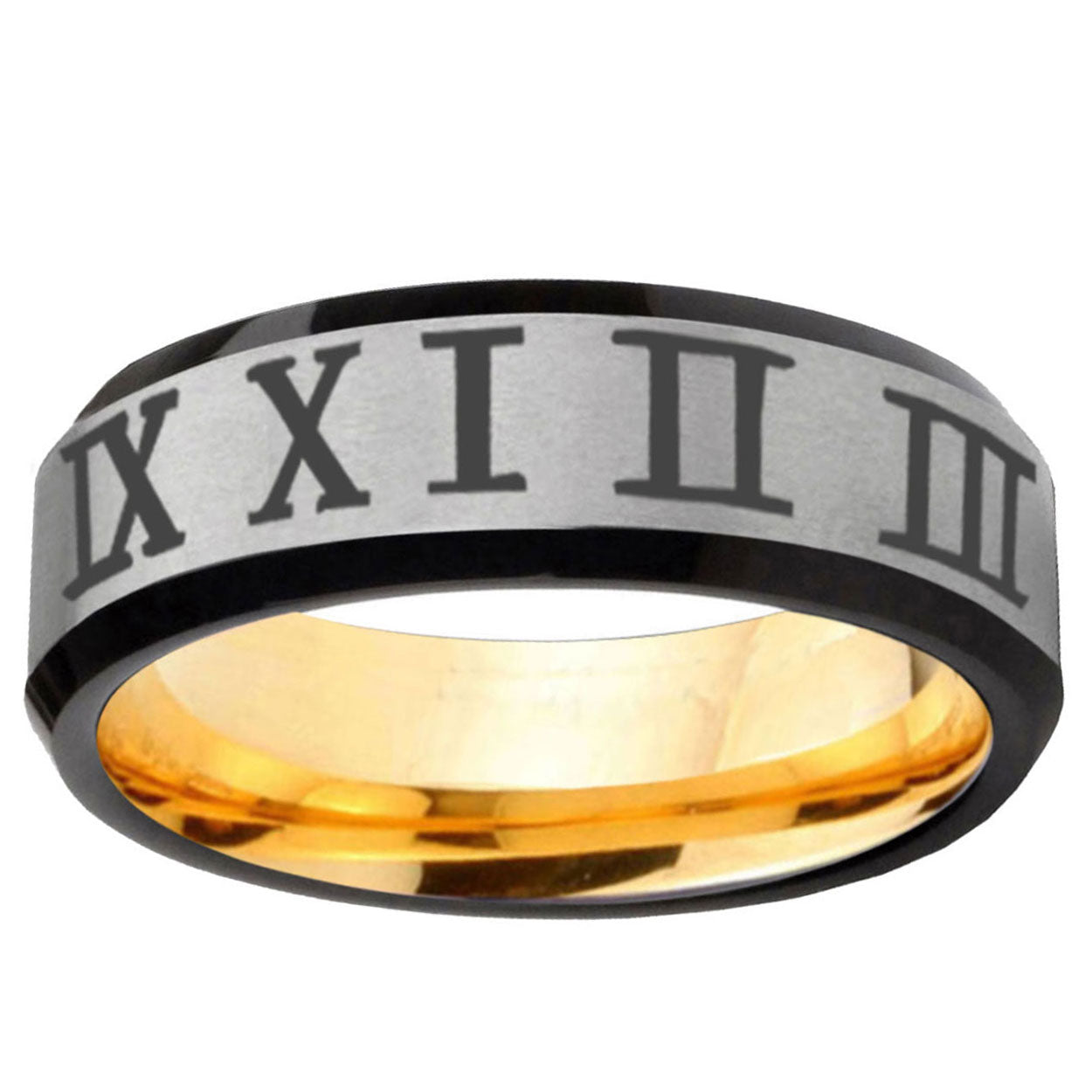 Roman Numeral Beveled Edge Gray Gold Tungsten Ring for Men
