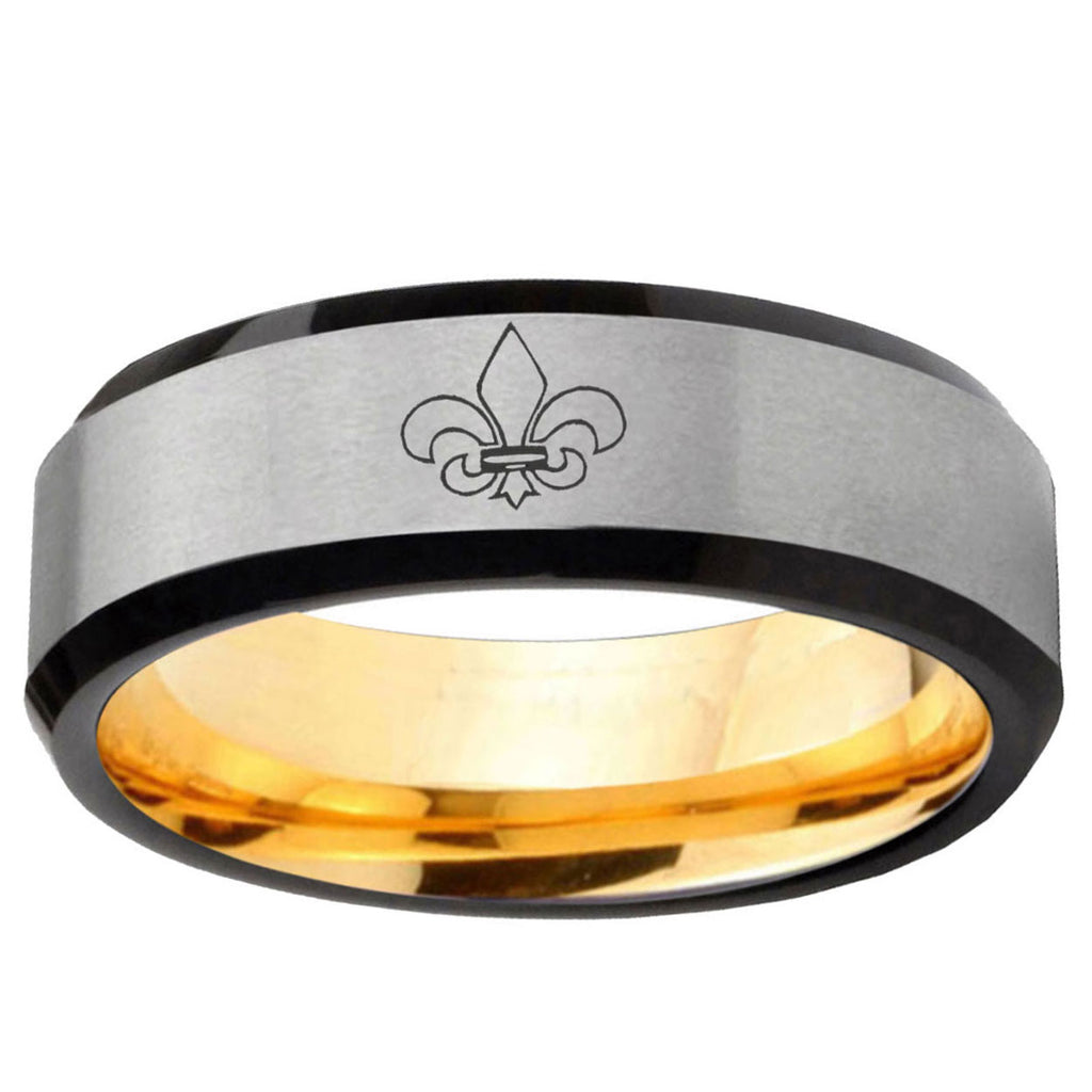 Fleur-De-Lis Beveled Edge Gray Gold Tungsten Engraved Ring