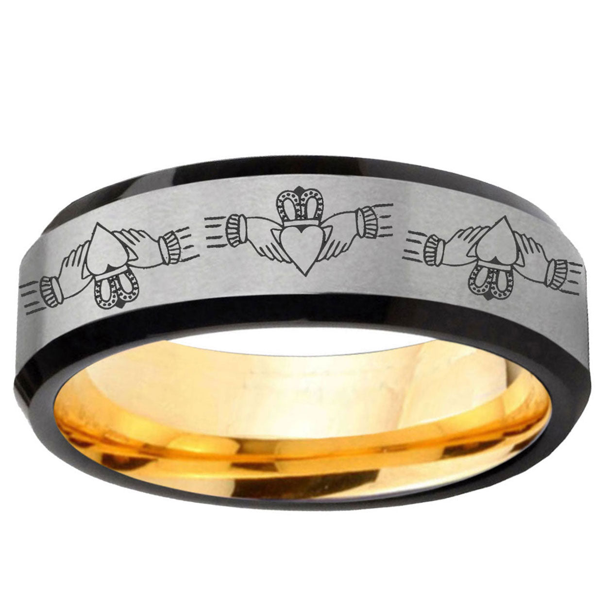Irish Claddagh Beveled Edge Gray Gold Tungsten Ring