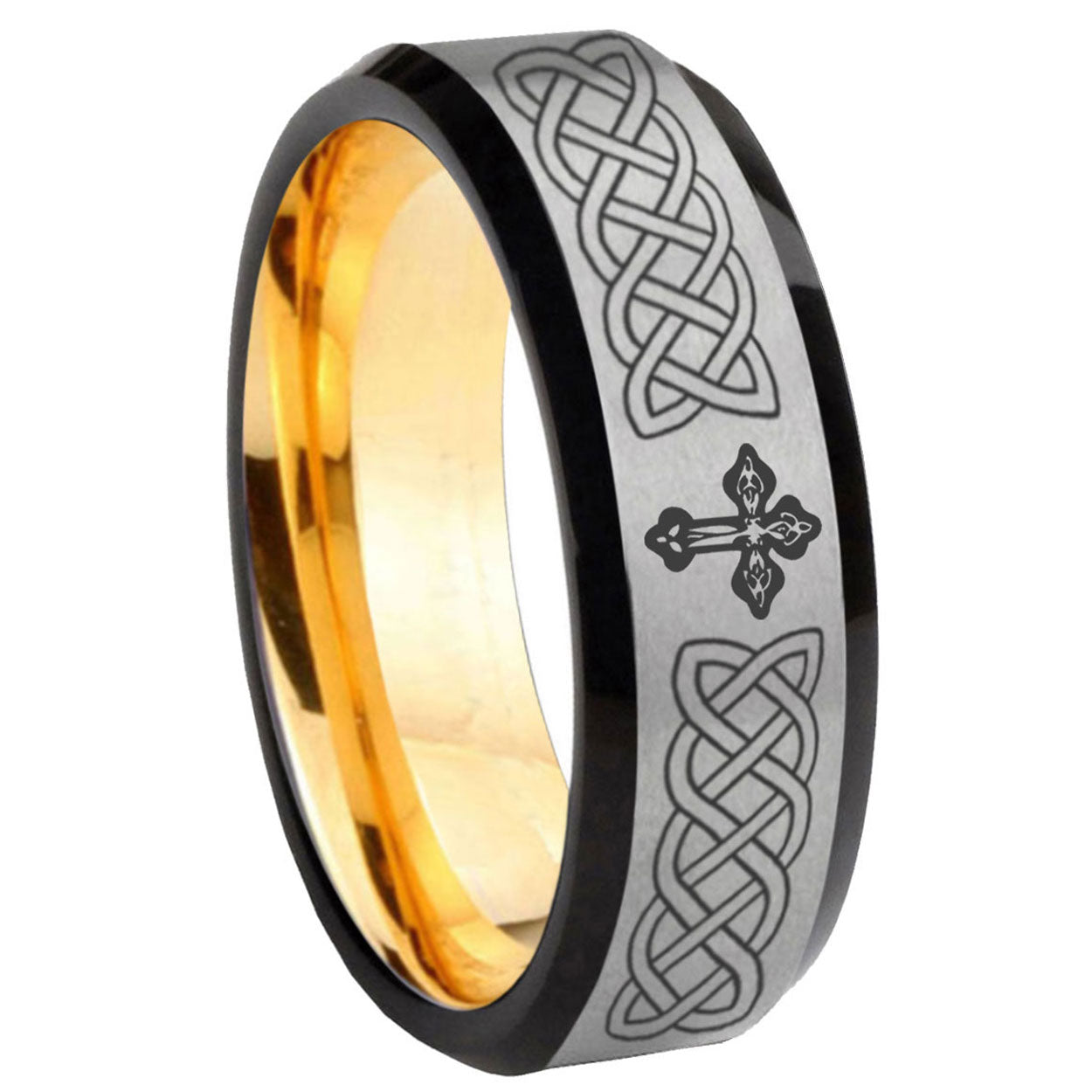 8mm Celtic Cross Beveled Edge Gray Gold Tungsten Engraved Ring